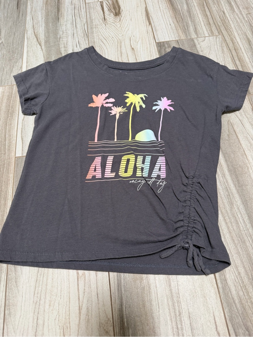 SO Black Tee with Pastel Rainbow 'ALOHA' Palm Graphic